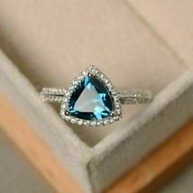 1.55Ct Simulated Blue Topaz Halo Engagement Ring 14K White Gold Plated Silver - £77.89 GBP