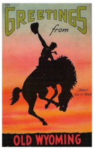 Greetings from Wyoming Bucking Bronco Cowboy Sunset Linen Postcard - £7.78 GBP
