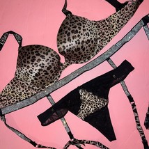 Victoria&#39;s Secret 34B,34C,34DD Bra Set+Garter+M Black Beige Animal Shine Strap - £91.90 GBP