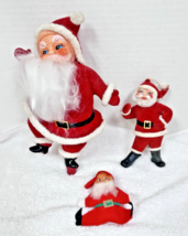 3 Vintage Red Flocked Santa Dancing Santa w Pixie Elf Friend 3 1/4 - 9 Inch - $24.26