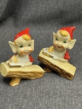 Rare Pair Of Vintage MCM Christmas Red PIXIE ELF Sitting W/ Log Stump Figurines - £29.81 GBP