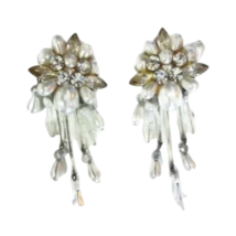 Antique Rhinestone Faux Pearl Drop Dangle Earrings Beige White Vintage Jewelry - £24.35 GBP
