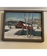 Vintage Winter Landscape Oil Painting Red Covered Bridge Signed - $1,287.50 MXN
