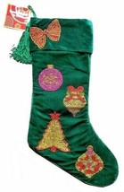 Christmas Stocking Green Velvet Beaded Ornaments Tassel Gorgeous 18&quot; Long  - £23.17 GBP