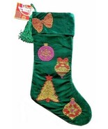 Christmas Stocking Green Velvet Beaded Ornaments Tassel Gorgeous 18&quot; Long  - £22.67 GBP