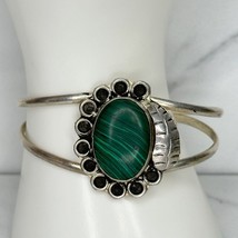 Vintage Taxco Mexico Silver Tone Green Malachite Cabochon Cuff Bracelet - £31.64 GBP