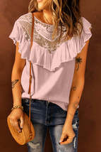 Pink Lace Splicing Ruffled Short Sleeve T-shirt - £15.22 GBP