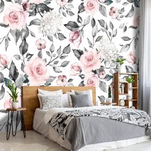 Grey Leaf Pink Flowers Mural Bedroom Floral Wallpaper Room, Not Peel And... - £47.25 GBP