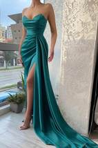 Green Satin Long Evening Dresses,Sexy Slit Prom Dress with Streamer - £126.07 GBP