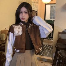 Brown Baseball Fashion Fall Jackets For Women 2023 Patchwork Button Black Crop T - £34.60 GBP