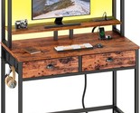 Small Computer Desk With Power Outlet And 2 Fabric Drawers, Gaming Desk ... - $203.99