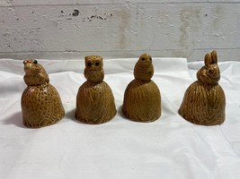 Set of 4 Wood Look Ceramic Bells Frog Owl Quail Rabbit Made in Japan Animal Bell - £15.45 GBP