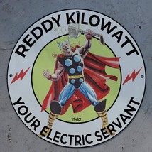 Vintage 1962 Reddy Kilowatt Your Electric Servant Porcelain Gas &amp; Oil Pump Sign - £97.89 GBP