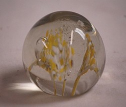 Vintage Studio Art Glass Paperweight Yellow White Flowers Sphere Shaped Bubbles - £15.81 GBP