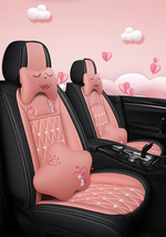 Full Leather Cartoon Car Seat Covers Set Universal Car Interior 4 Colors - Pink - £133.67 GBP