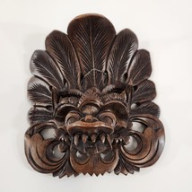 Thai Hand Carved Dark Wood Barong Sai Mask Lion God Wall Hanging Small - $33.85