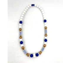 Nautical Style Plastic Beaded Necklace Blue White Gold 22&quot; Chunky Statement - £12.26 GBP