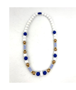 Nautical Style Plastic Beaded Necklace Blue White Gold 22&quot; Chunky Statement - £12.01 GBP
