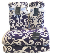 Tahari Luxury Plush Bath Hand Tip Towel Set 6 Piece Set Royal Purple White - £85.34 GBP