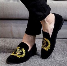  Men Black Velvet Loafer Golden Embroidery Custom Genuine Leather Shoes US 7-16 - £106.06 GBP