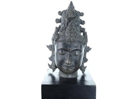 Archaistic Bronze Buddha Head Likely Tibetan with Skull on hat - $222.75