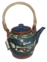 Teapot Nepal Redware Ceramic Free Trade Fish Bird Blue Green Rattan Handle Tea - £15.78 GBP