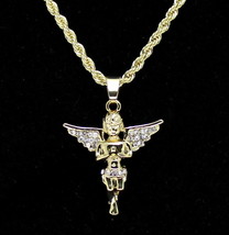 14k Gold Plated Messenger Angel Pendant Icy Cz 24&quot; Rope Chain Hip Hop Necklace - £7.65 GBP