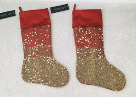 2 Rachel Zoe RED with GOLD Beads and Sequins Christmas Stocking Beautiful - £51.17 GBP