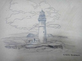 Antique Original Art Pencil Sketch Lighthouse Lucille Zuerner Harrisburg Pa - £37.95 GBP