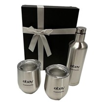 SWAG eBay Community Box Set 2 Glasses &amp; Decanter Stainless Steel Box New Unused - $44.50