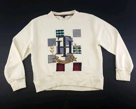 Tommy Hilfiger Women Sz S Cream Crewneck Sweatshirt Patchwork Logo Crest - $34.64
