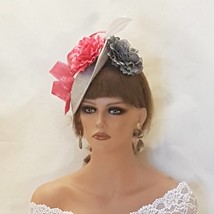 GREY &amp; PINK Hat FASCINATOR  with Feathers, Grey and Pink flowers Wedding,Mother  - £43.75 GBP