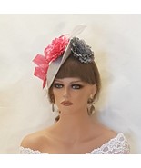 GREY &amp; PINK Hat FASCINATOR  with Feathers, Grey and Pink flowers Wedding... - £43.69 GBP
