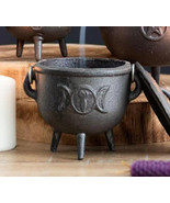 Cast Iron Wicca Occult Shaman Spiral Triple Moon Goddess Cauldron With L... - $53.99