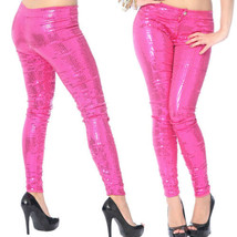 Rock Punk Rave Goth Cosplay Anime Stretch Womens Skinny Jeans Pants Pink Sequins - £34.68 GBP