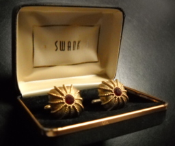 Swank Cuff Links Domed Shape Gold Colored Metal Red Sparkly Center Original Box - $17.99