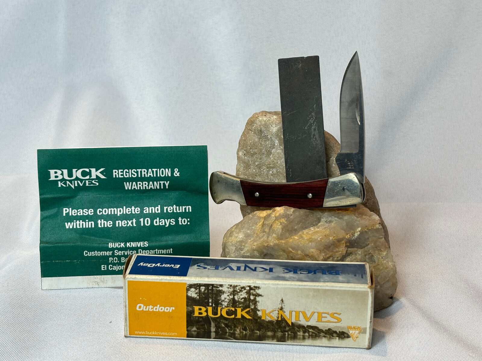 2002 Buck Folding Prince Pocket Knife Single Blade Lock Back With Stone In Box - $49.45