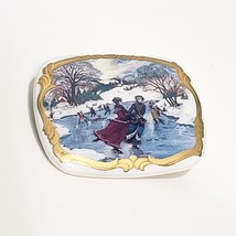 Vintage Mural Ice Skating Winter Scene Gold Framed Brooch Porcelain Chri... - $26.72