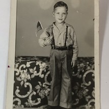 Postcard 1945 Young Boy 48 Star American Flag Patriotic Portrait Black &amp;... - £6.37 GBP