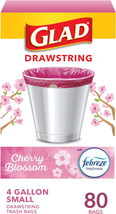 80 Glad Odorshield Small Drawstring Trash Bags, 4 Gallon, Pink, Cherry Scented - £19.69 GBP