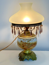 Antique 19&quot; GWTW Hurricane Converted Brass Oil Lamp W/Prisms Porcelain Glass - £118.69 GBP