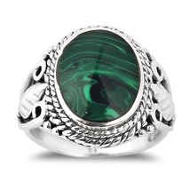 Vintage Inspired Round Green Malachite Leaf Accent Sterling Silver Ring – 6 - £24.90 GBP