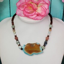 Catherine Popesco France Choker Necklace Agate Slice Pendant Wood &amp; Sea Glass - £18.66 GBP