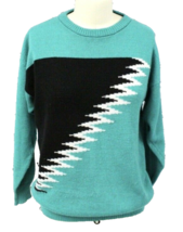VTG 80s Green Black Lightning Bolt Intarsia Geometric Sweater Womens M - $59.35