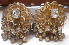 Filigree Clear Round Rhinestone Drop Earrings Clip on Layered Movement Trembler - £26.04 GBP