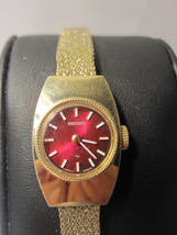 vintage Seiko Ladies Watch- 11-1049 - Gold Tone, Red Dial, Mesh Band w/ chain - £9.59 GBP