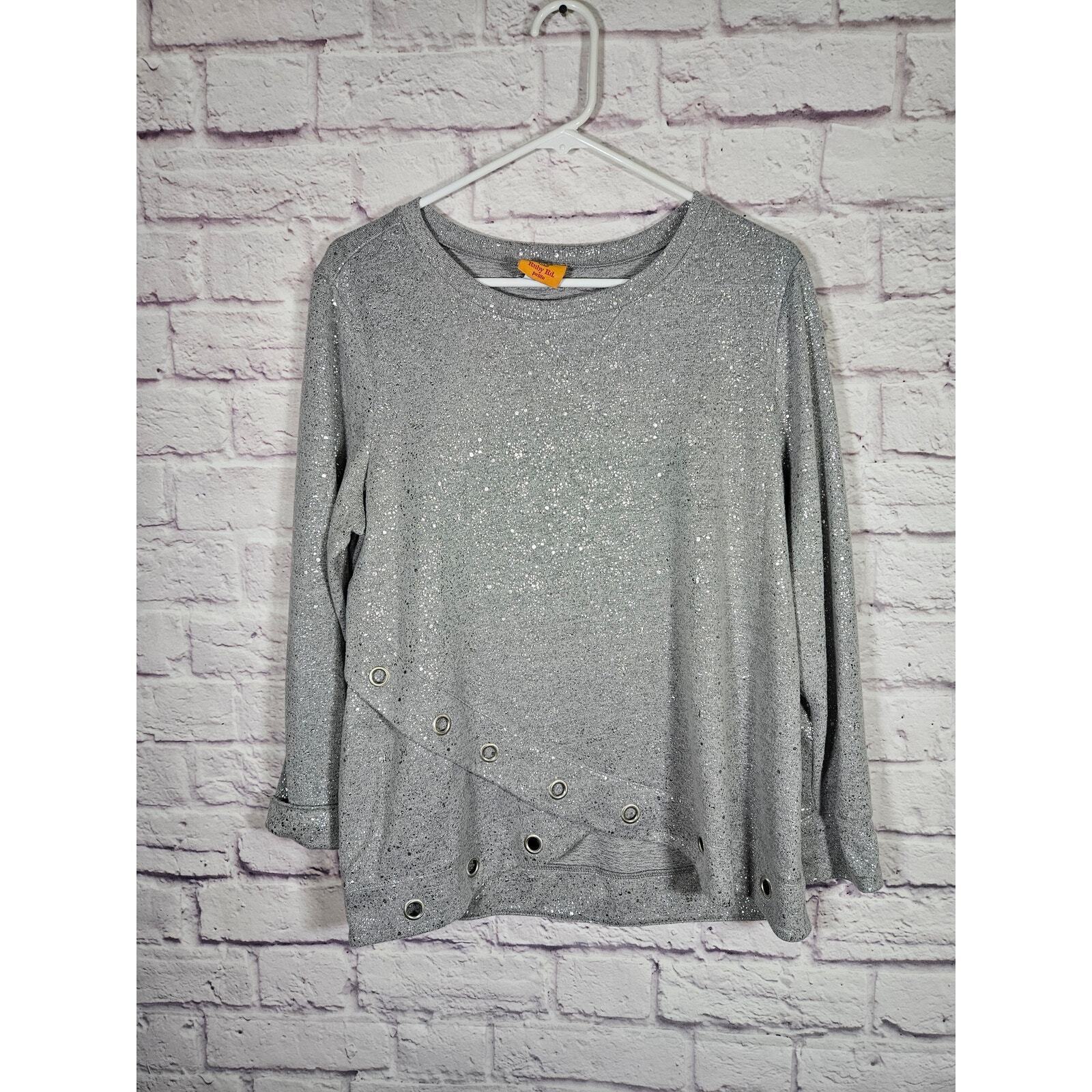 Ruby Rd. Women's Petite Jewel-Neck Foil Gray Hatchi Pullover with Grommets PL Item image 2