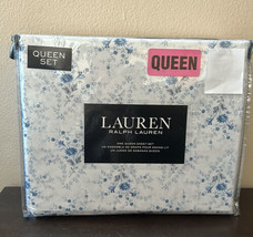 Ralph Lauren  floral Dark blue on white Cotton 4 Pc. Queen Sheet Set NEW - £99.60 GBP