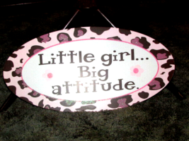 &quot;Littlr girl - Big attitude&quot; wood 18 x 9&quot; tall hanging pink animal print (pntry) - £17.40 GBP