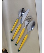 Vintage Yellow and Green Stainless Flatware Set Knife Fork Teaspoon Soup... - £12.37 GBP